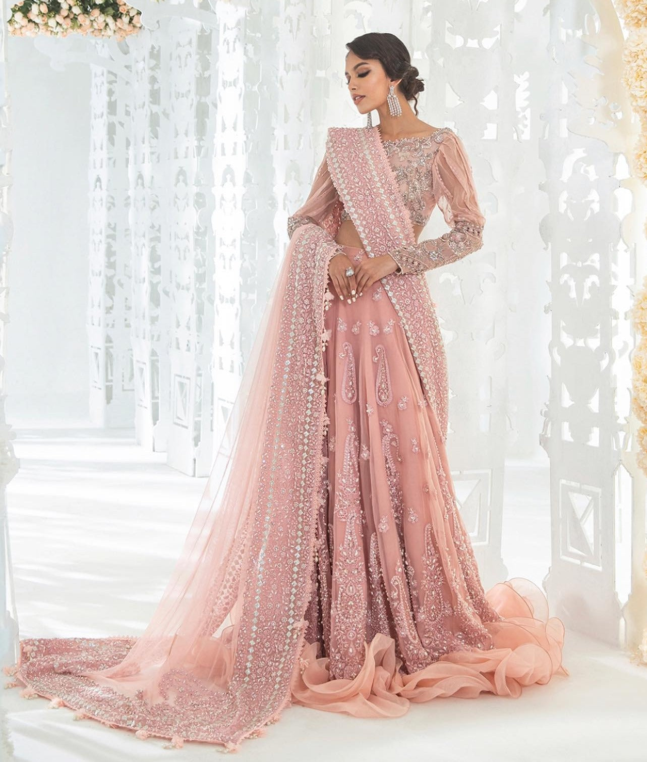 Girls Pink Silver-Toned Embellished Ready To Wear Lehenga