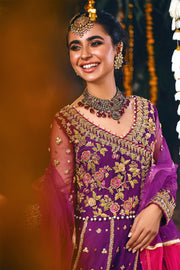 Embellished Purple Kalidar Pishwas Pakistani Mehndi Dress