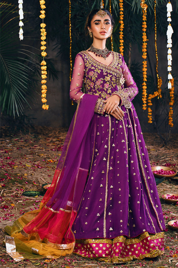 Embellished Purple Kalidar Pishwas Pakistani Mehndi Dresses