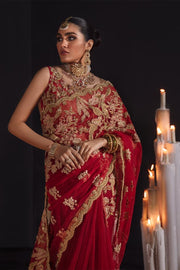 Embellished Red Bridal Saree in Net Chiffon 2022
