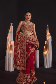Embellished Red Bridal Saree in Net Chiffon