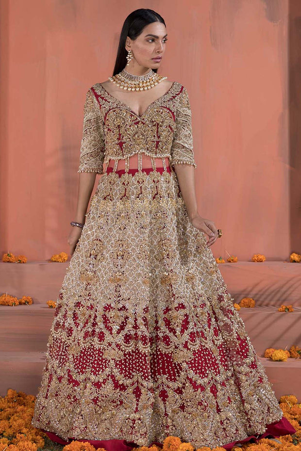 Embellished Red Indian Wedding Dress for Bride in Heavy Work Nameera by Farooq