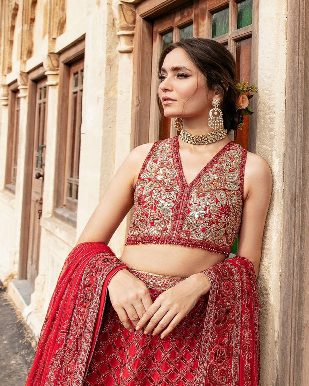 Embellished Red Lehenga Choli Dupatta Dress for Bride Online