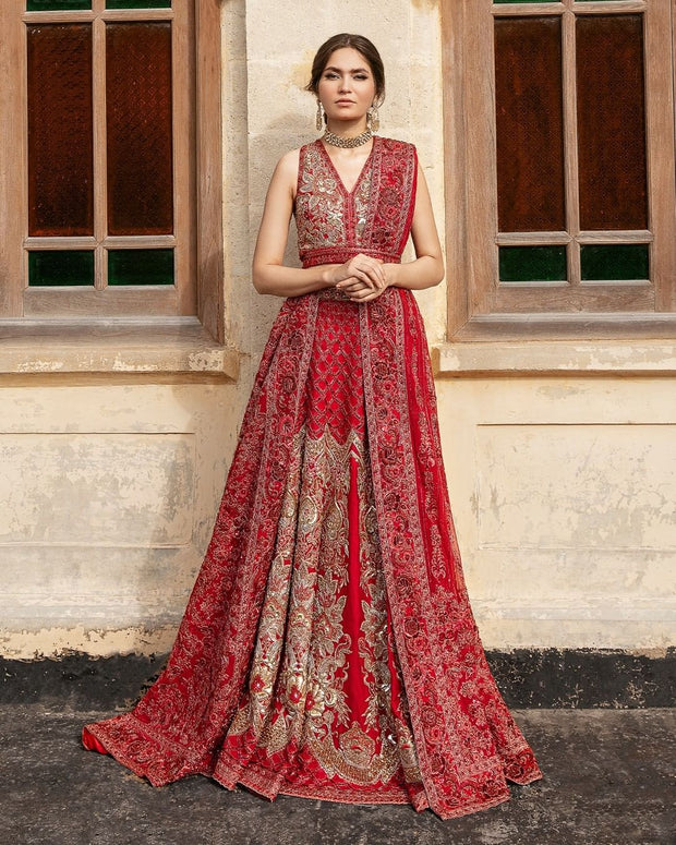 Embellished Red Lehenga Choli Dupatta Dress for Bride