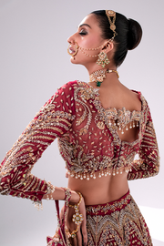 Embellished Red Lehenga with Choli and Dupatta Pakistani Bridal Dress in Net Fabric