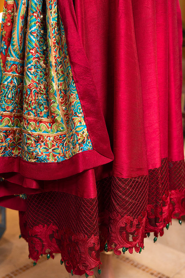 Embellished Red Long Frock Dupatta Pakistani Party Dress