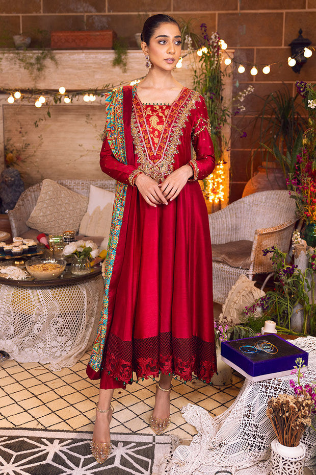Embellished Red Long Frock Dupatta Pakistani Party Dresses
