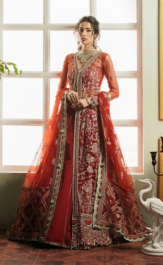 Embellished Red Pakistani Bridal Dress in Gown Style