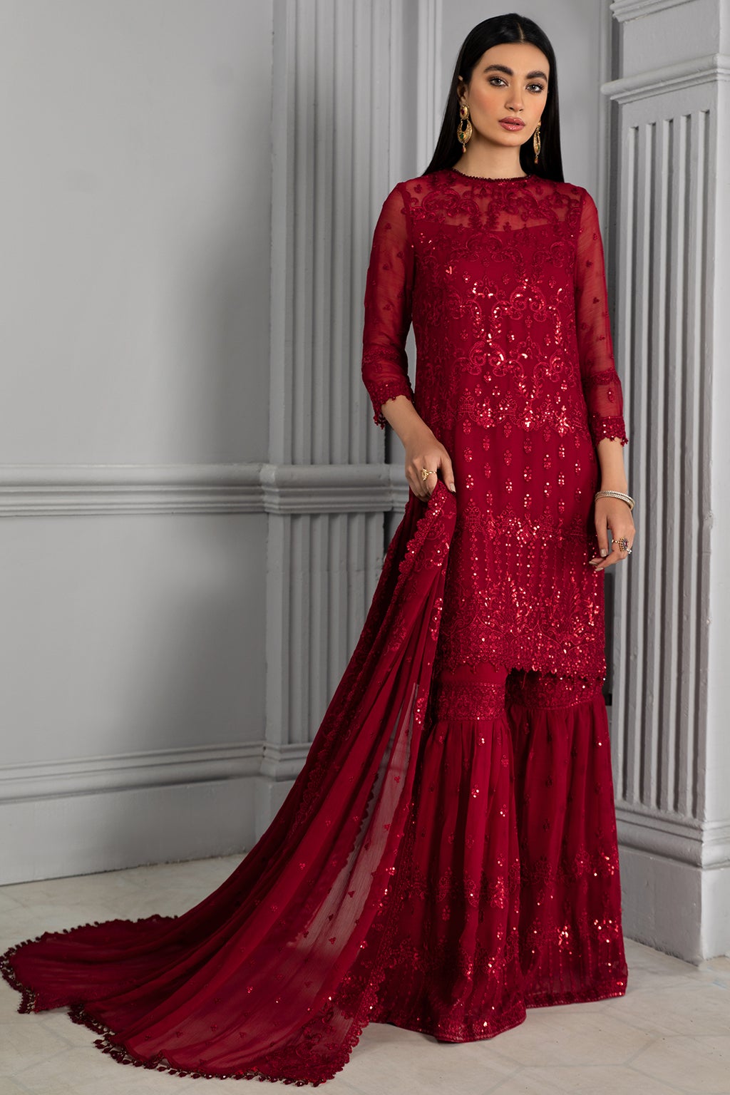 Embellished Red Pakistani Dress with Gharara Online