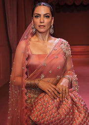 Embellished Rose Gold Saree Dress in Premium Net