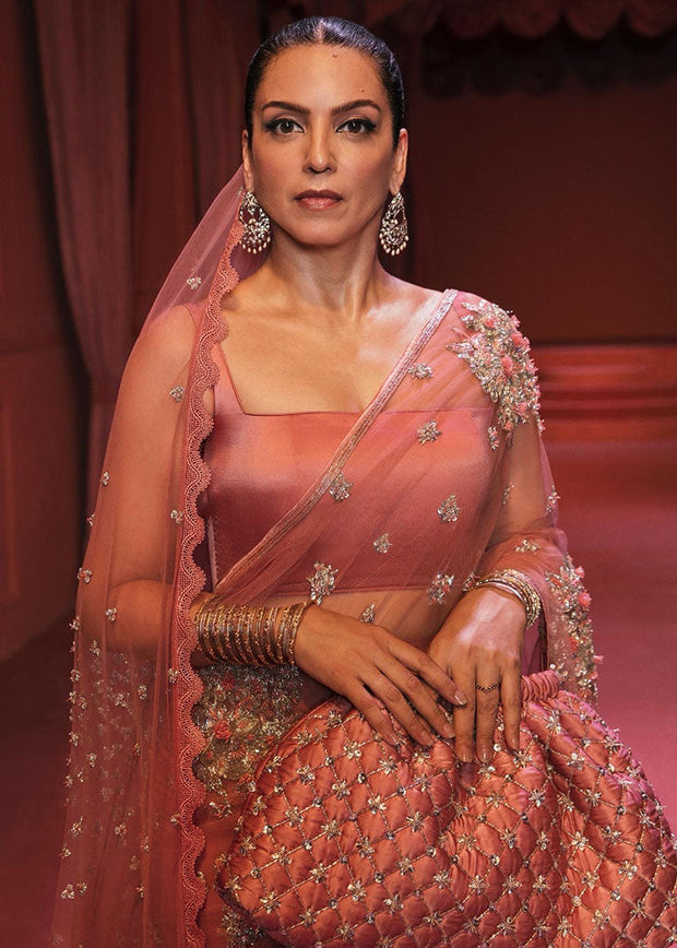 Embellished Rose Gold Saree Dress in Premium Net