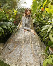 Embellished Silver Indian Bridal Gown Lehenga 