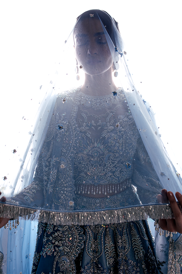 Embellished Sky Blue Lehenga Choli Dupatta Pakistani Bridal Dress