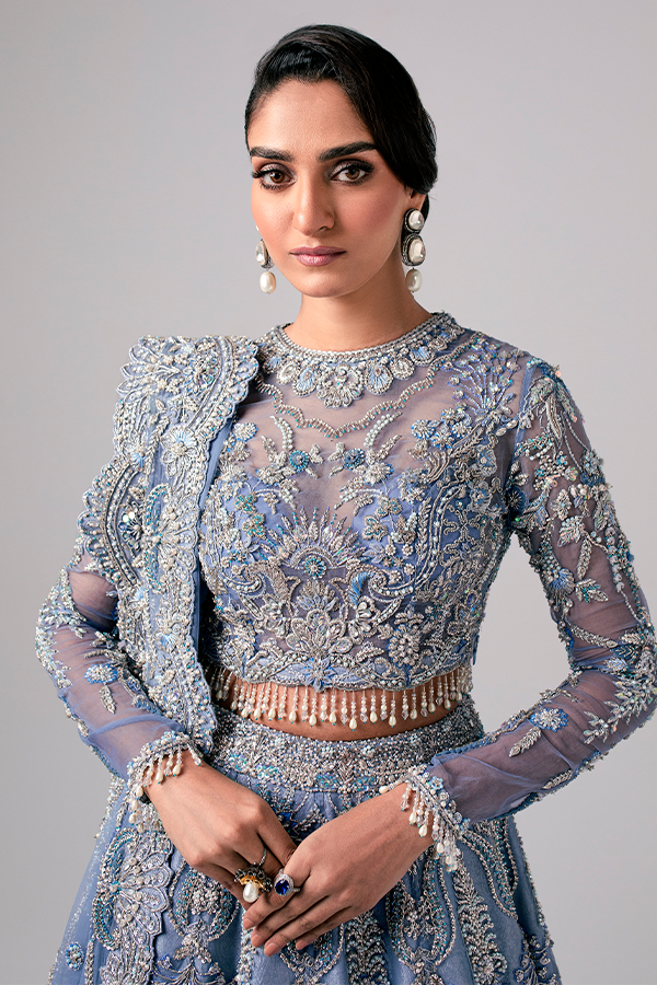 Embellished Sky Blue Lehenga Choli and Dupatta Pakistani Bridal Dress Online
