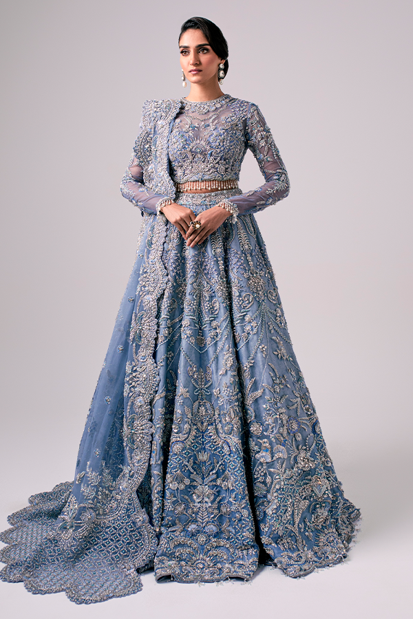 Embellished Sky Blue Lehenga Choli and Dupatta Pakistani Bridal Dress