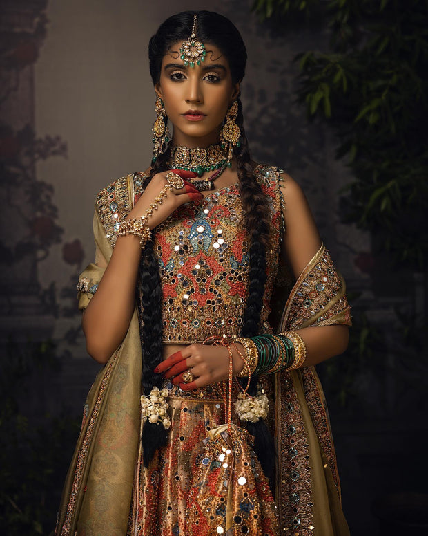Embellished Tissue Lehenga with Sleeveless Choli and Dupatta Dress