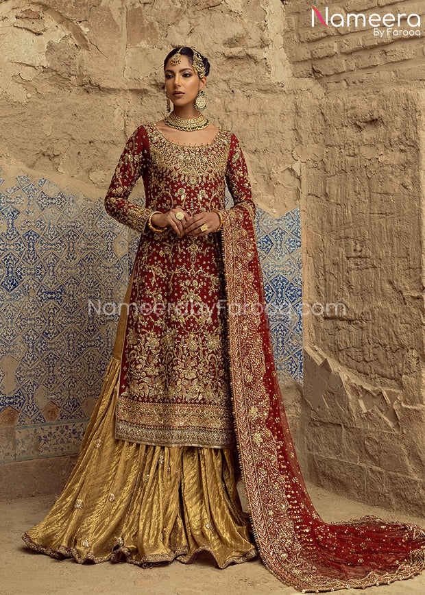 Embellished Traditional Gold and Red Bridal Dress Pakistani
