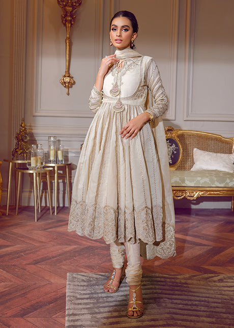 Embellished White Satin Silk Frock Pakistani Party Dress