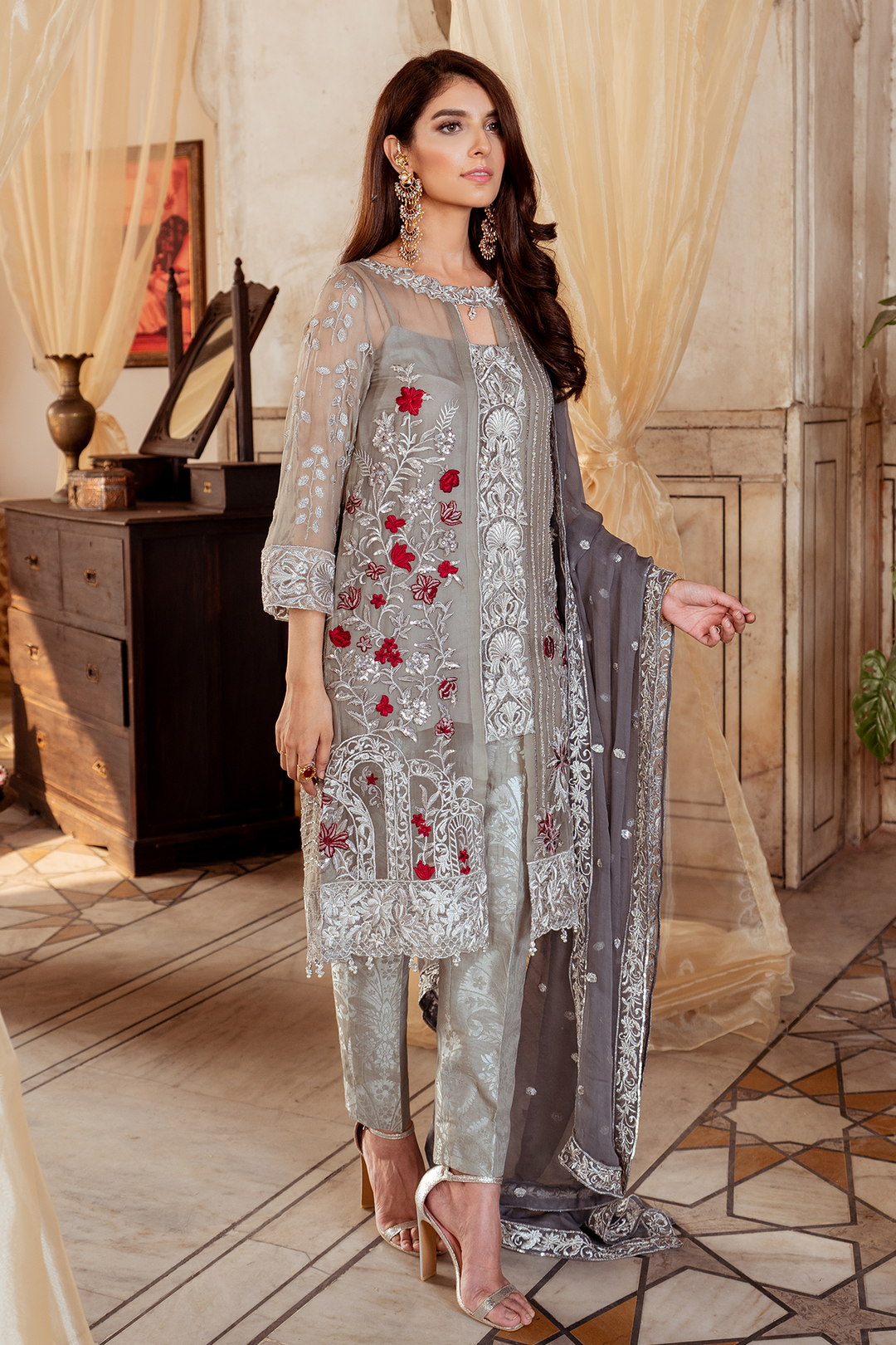 Pakistani fully embellished chiffon dress in elegant grey color