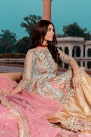 Pakistani net embellished party dress in blue and gold color # P2451