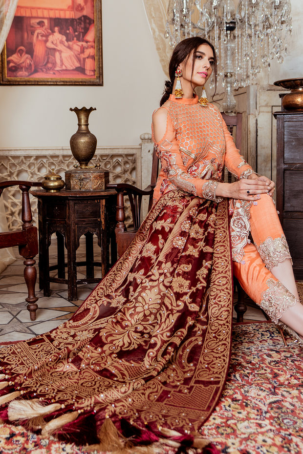 Pakistani chiffon embellished party outfit in lavish peach color # P2450