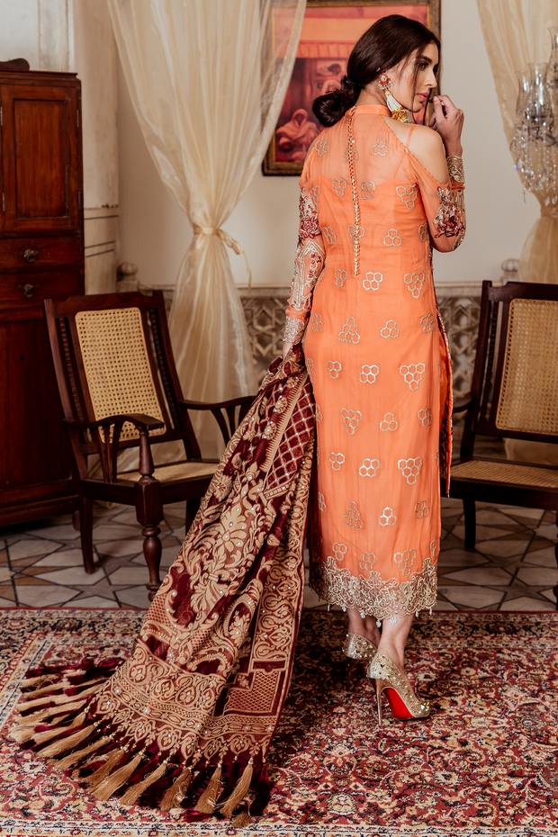 Pakistani chiffon embellished party outfit in lavish peach color # P2450