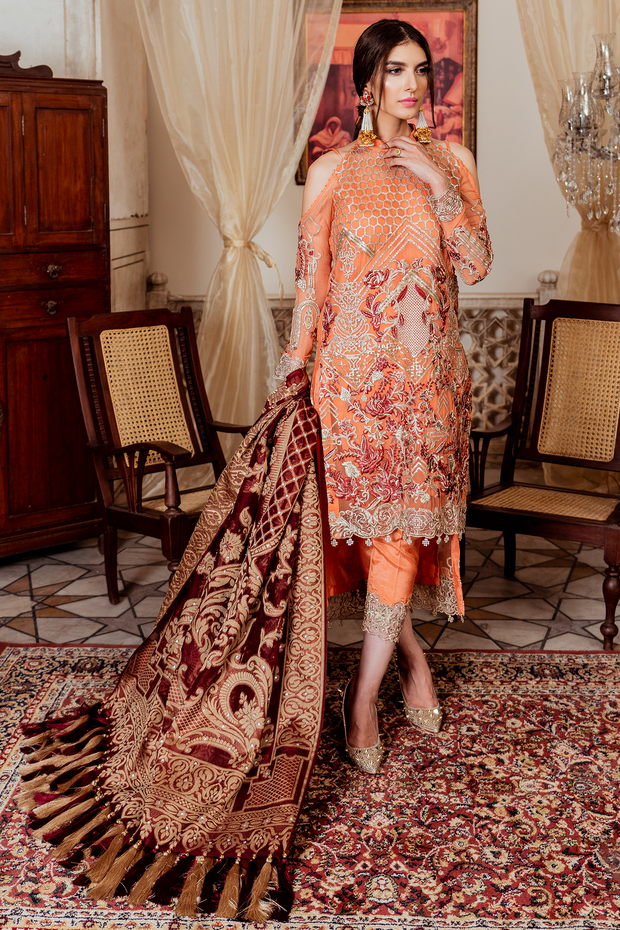 Pakistani chiffon embellished party outfit in lavish peach color # P2450