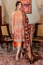 Pakistani chiffon embellished party outfit in lavish peach color 