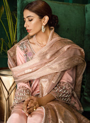 Beautiful Pakistani embroidered velvet party outfit in soft peach color