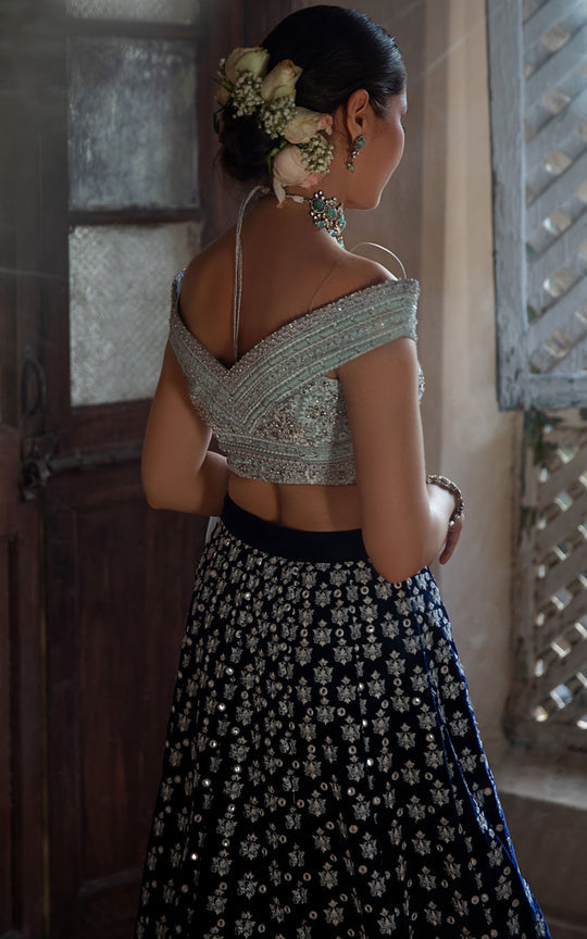 Embriodered Designer Velvet Blue Lehenga Choli 2022