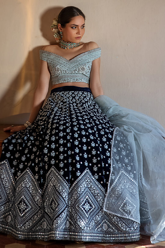 Embriodered Designer VelvetBlueLehengaCholi2022