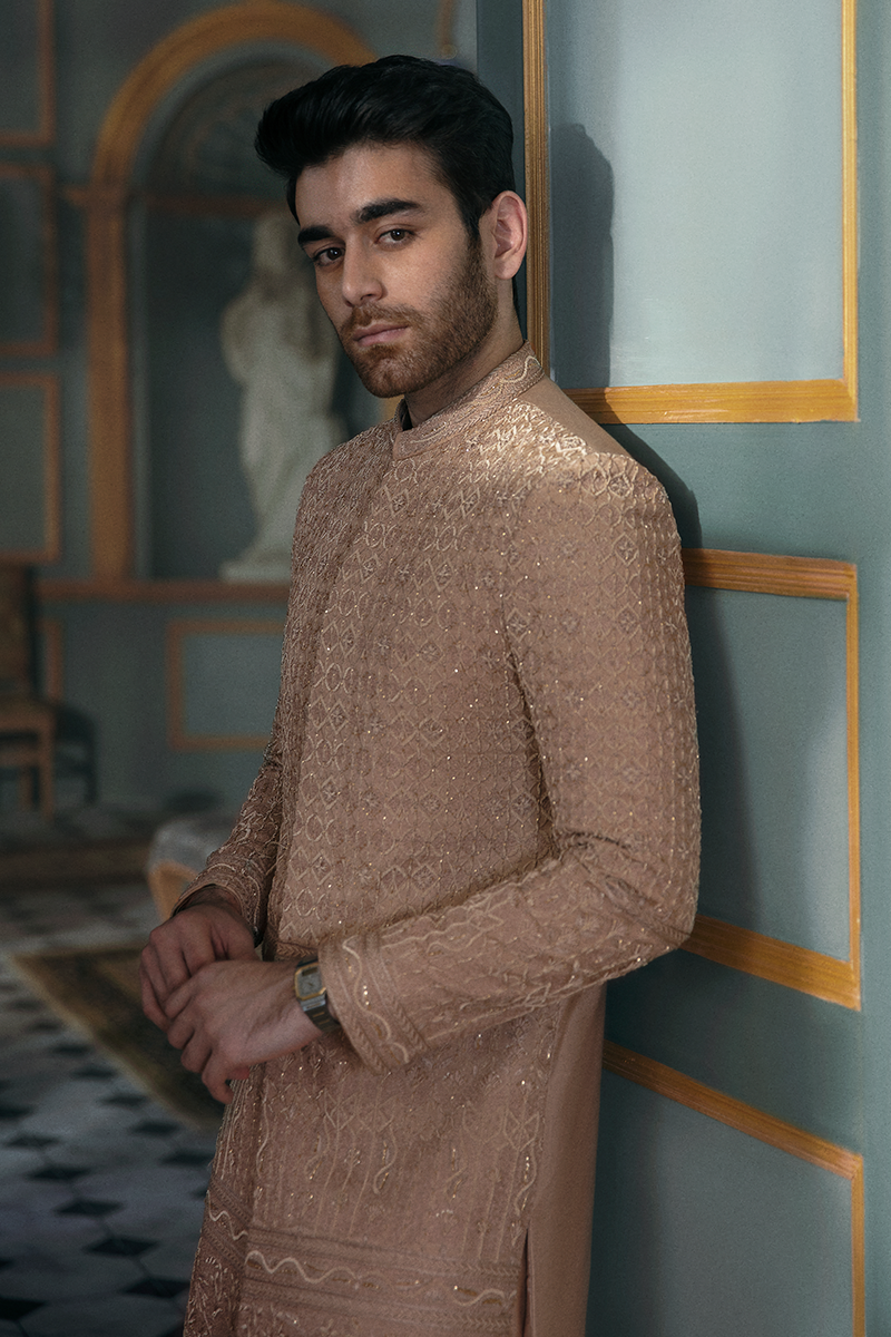 Embroidered Beige Groom Sherwani in Raw Silk Fabric Online