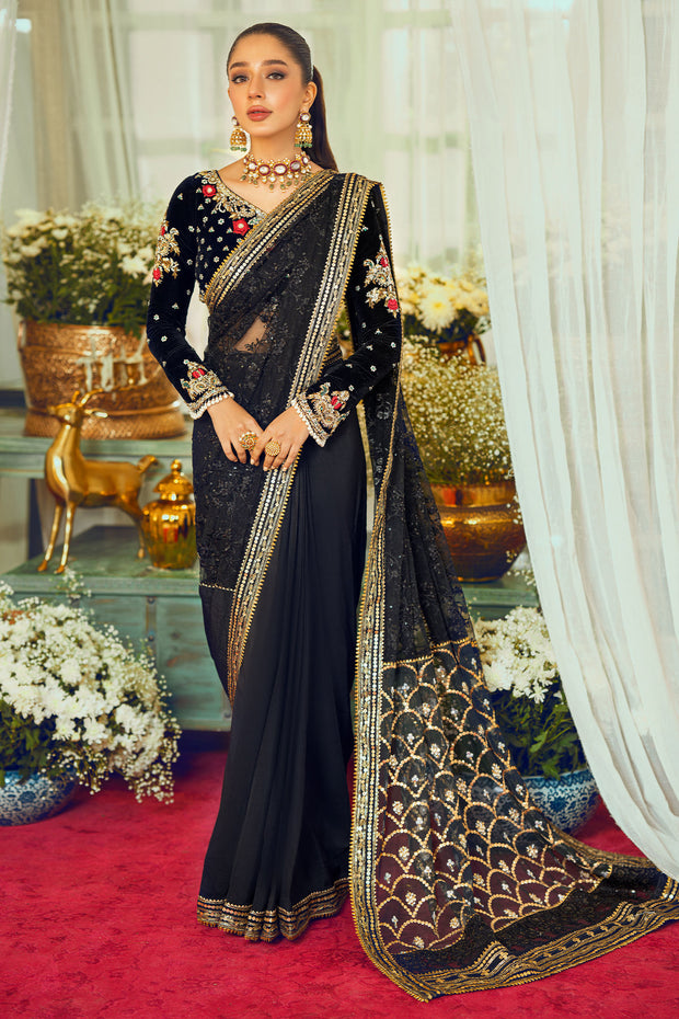 Embroidered Black Velvet Saree Pakistani Wedding Dress