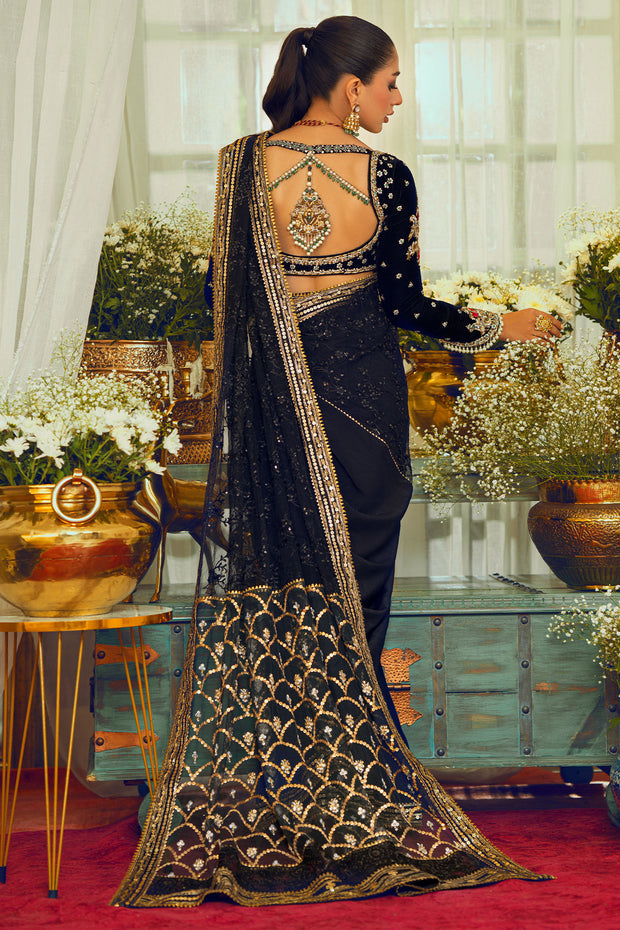 Embroidered Black Velvet Saree