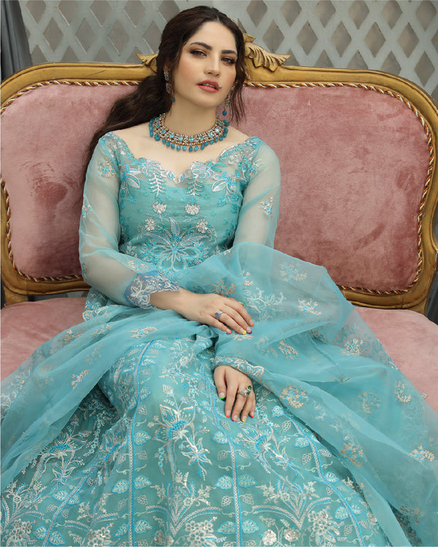 Embroidered Blue Long Organza Gown Pakistani Dress