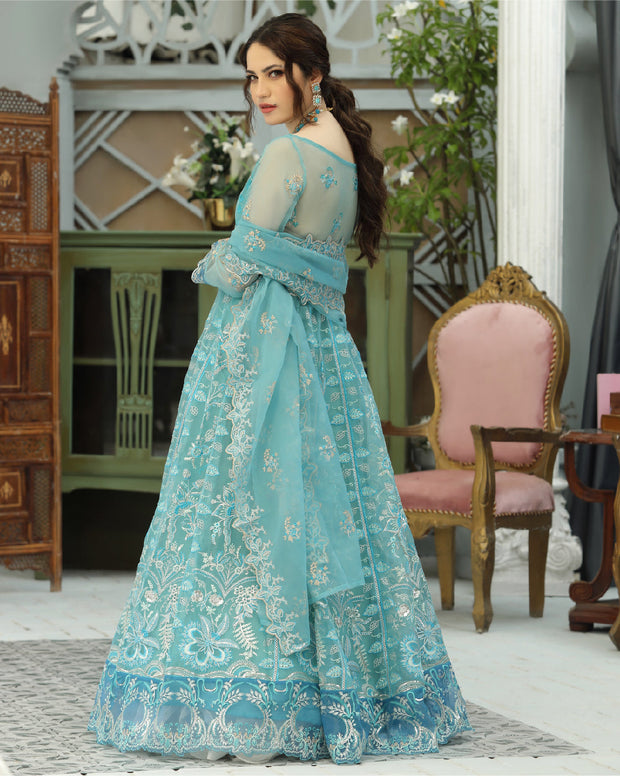 Embroidered Blue Long Organza Gown Pakistani Dresses 2022