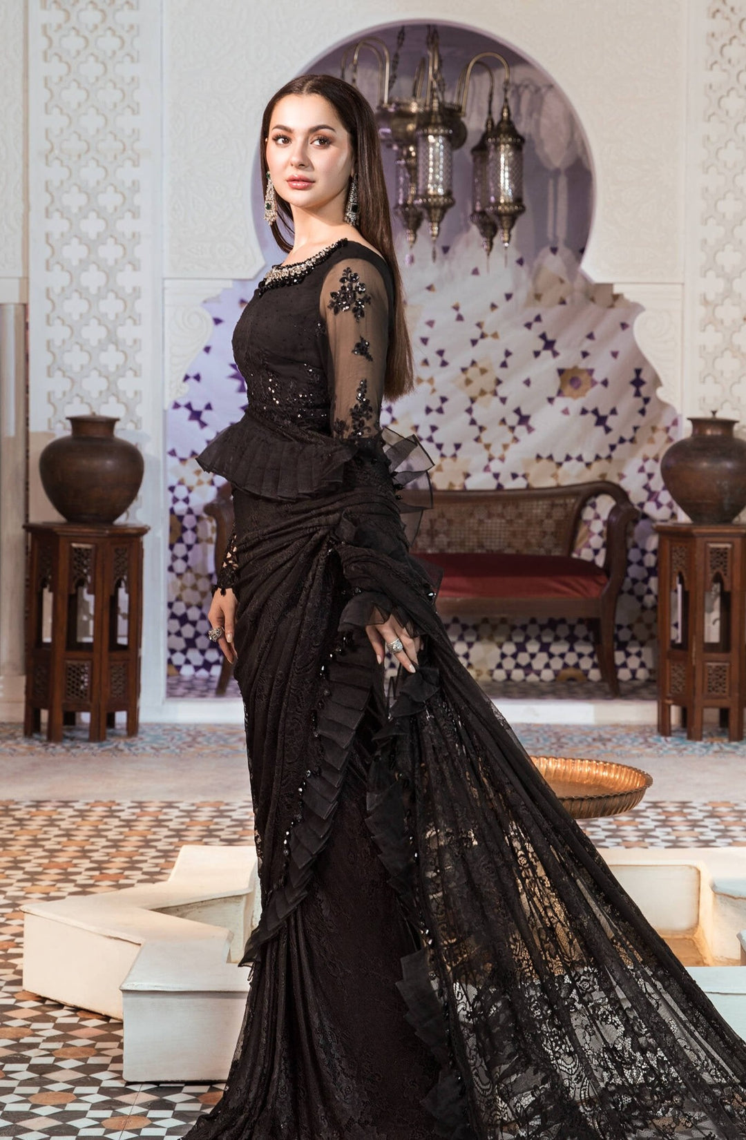 Embroidered Chiffon Black Saree Pakistani Eid Dress Online