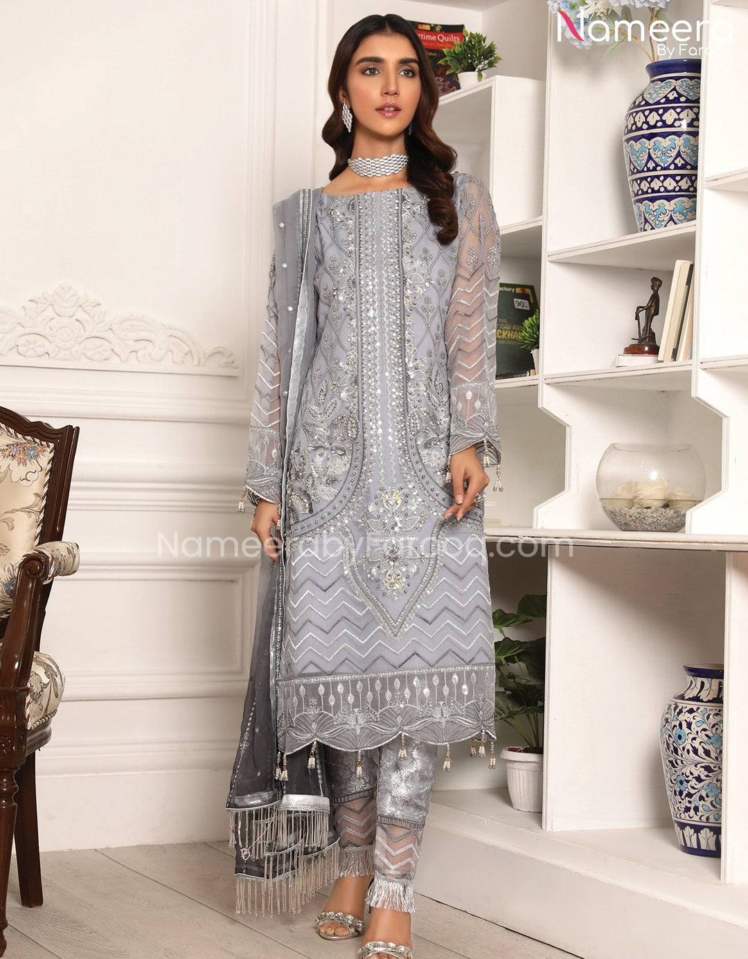 Embroidered Chiffon Dress