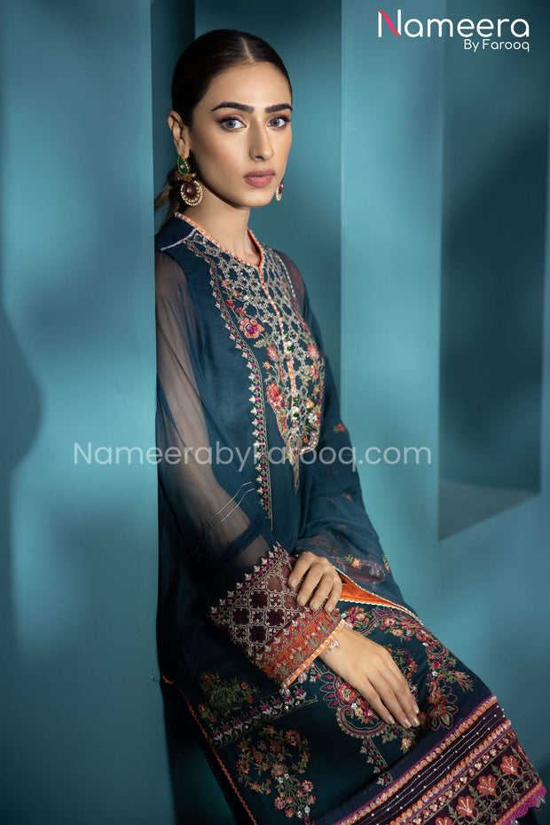 Agha Noor Pakistani Formal Wear in Teal Color Online 2021 Nameera by Farooq