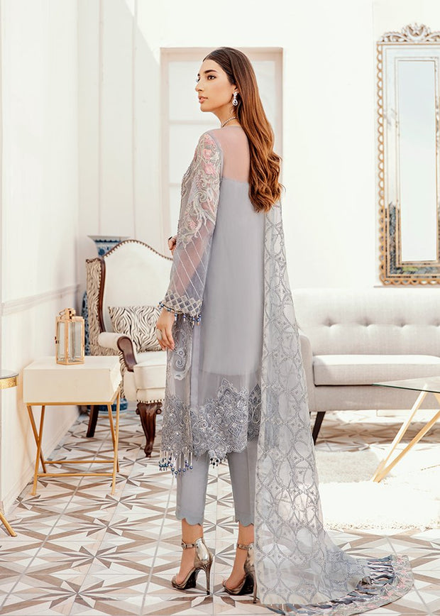 Embroidered Chiffon Wear in Gray Color Backside Look