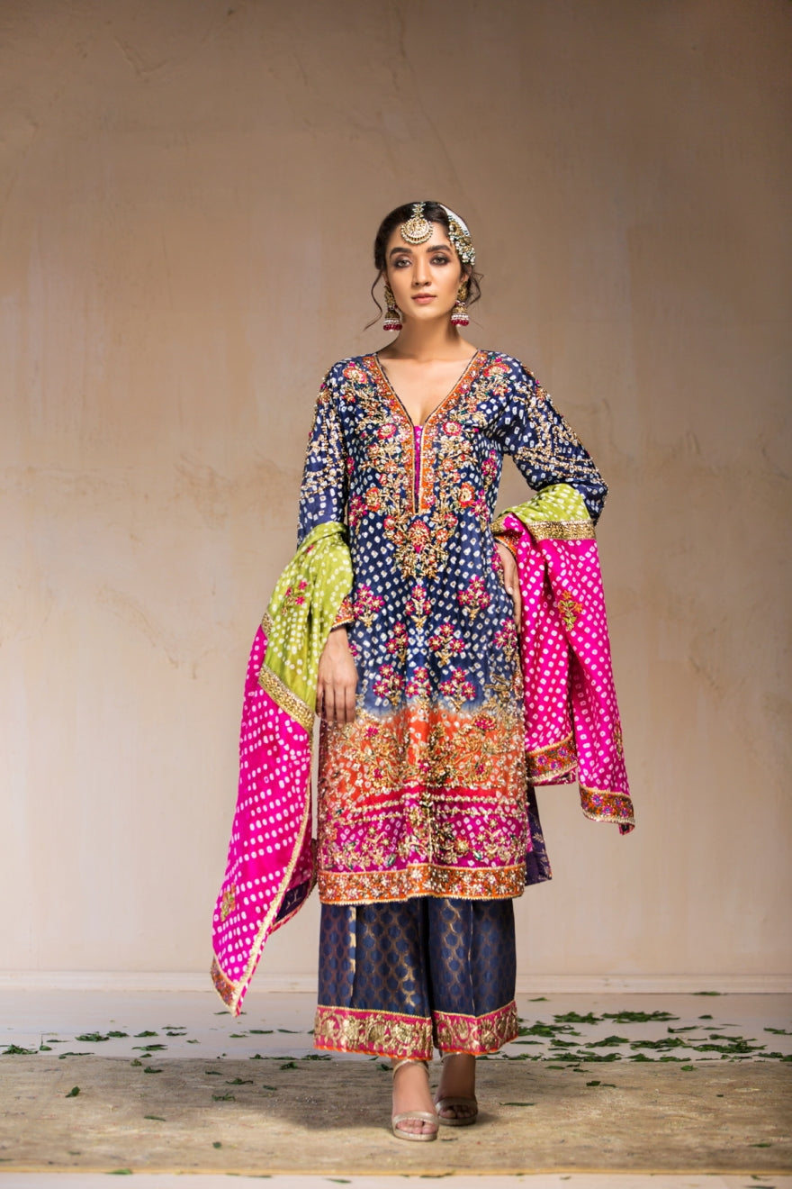 Embroidered Chunri Suit for Mehndi Party in Blue Color 