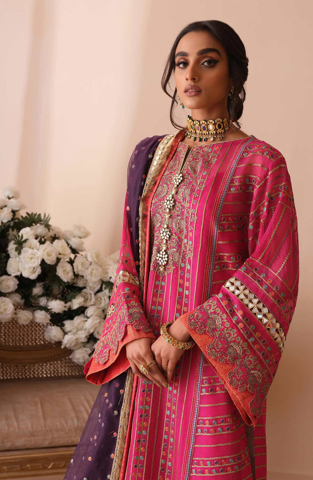 Embroidered Cotton Kameez and Jamawar Trouser Dress Online