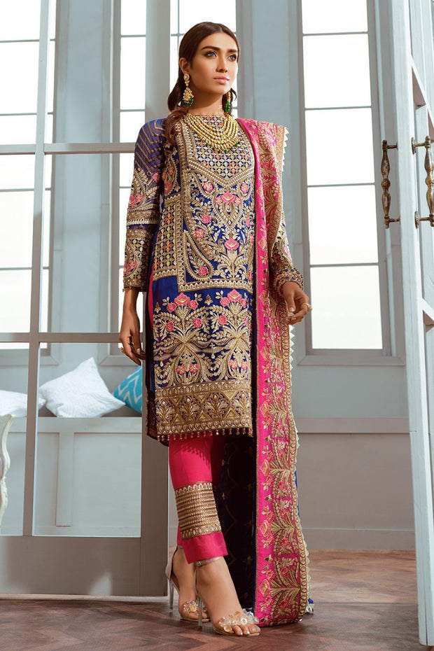 Embroidered Designer Luxury Dress in Blue Color