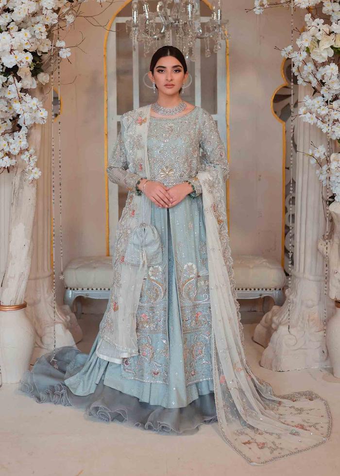 Embroidered Floral Lehngas Shirt in Ice Blue