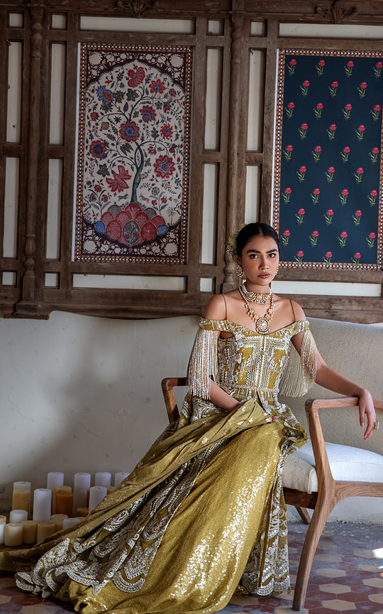 Embroidered Gold Bridal Lehenga Wear
