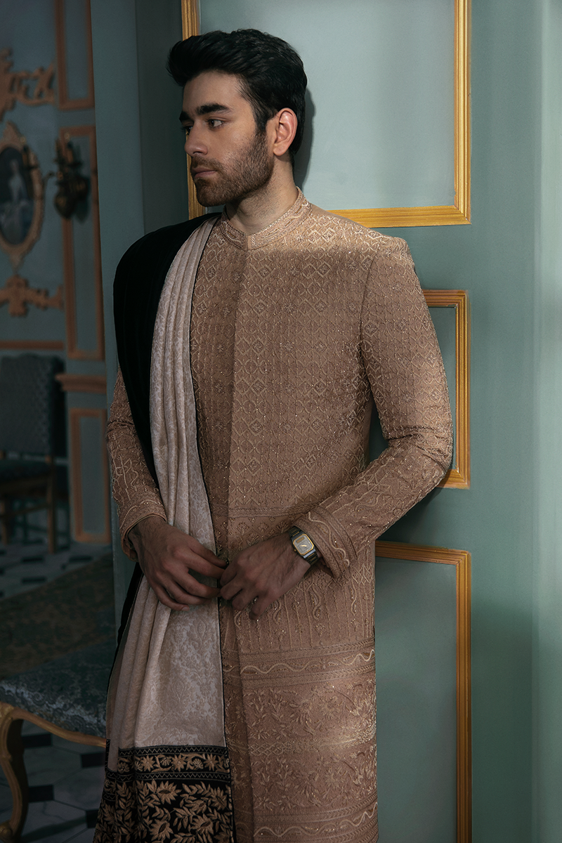 Embroidered Groom Sherwani in Raw Silk Fabric