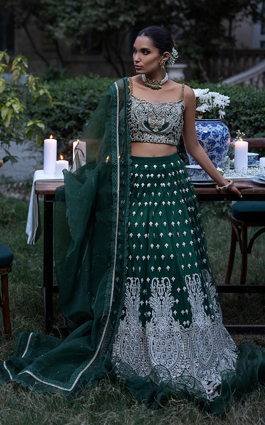 Buy Bottle Green Shimmer and Organza Lehenga with Belt Online in USA – Pure  Elegance