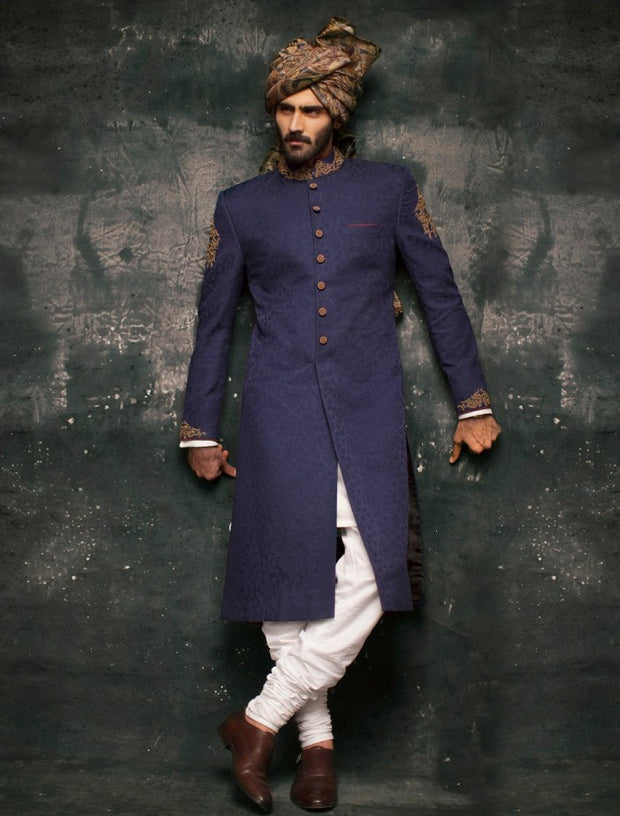 Embroidered Jamawar Blue Sherwani Wedding Dress 