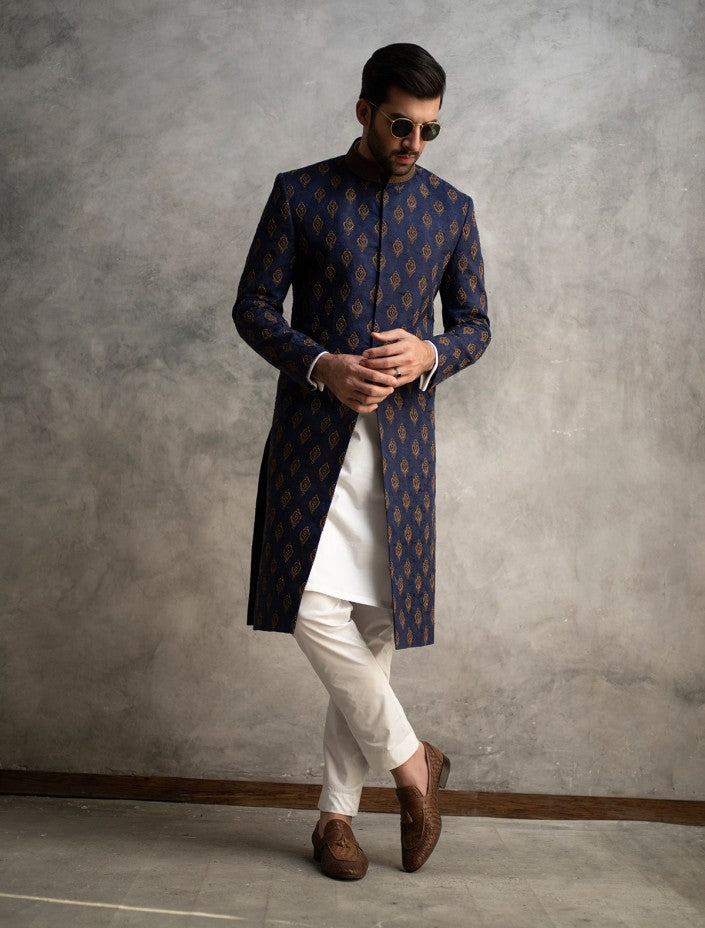 Embroidered Jamawar Blue Sherwani for Wedding 2022