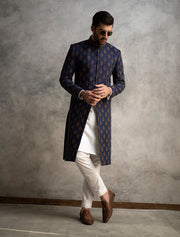 Embroidered Jamawar Blue Sherwani for Wedding 2022